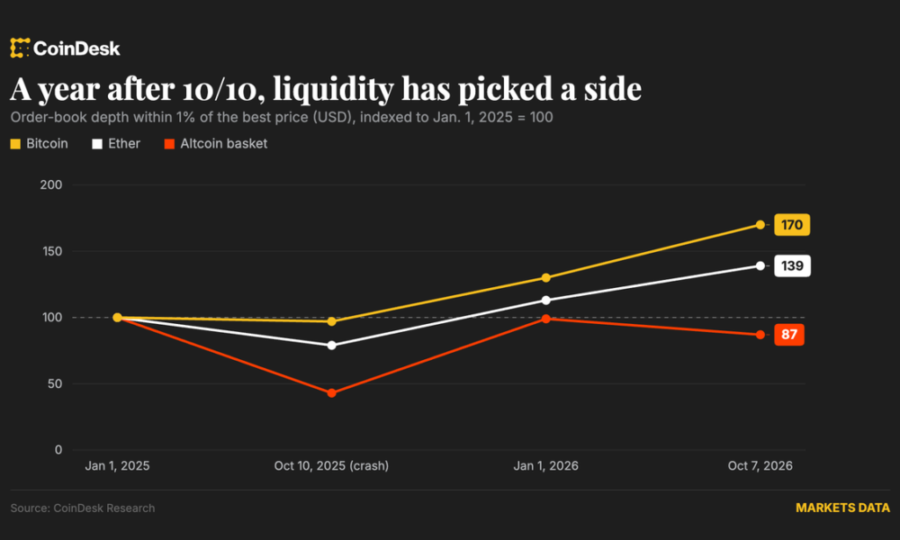 Bitcoin and Ether Liquidity Recover One Year After Flash Crash, While Altcoins Remain Exposed